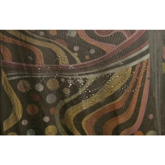 Vintage Abstract Printed Short Sleeve Drape Neck Mesh Top By Song Li - Picture 4 of 7